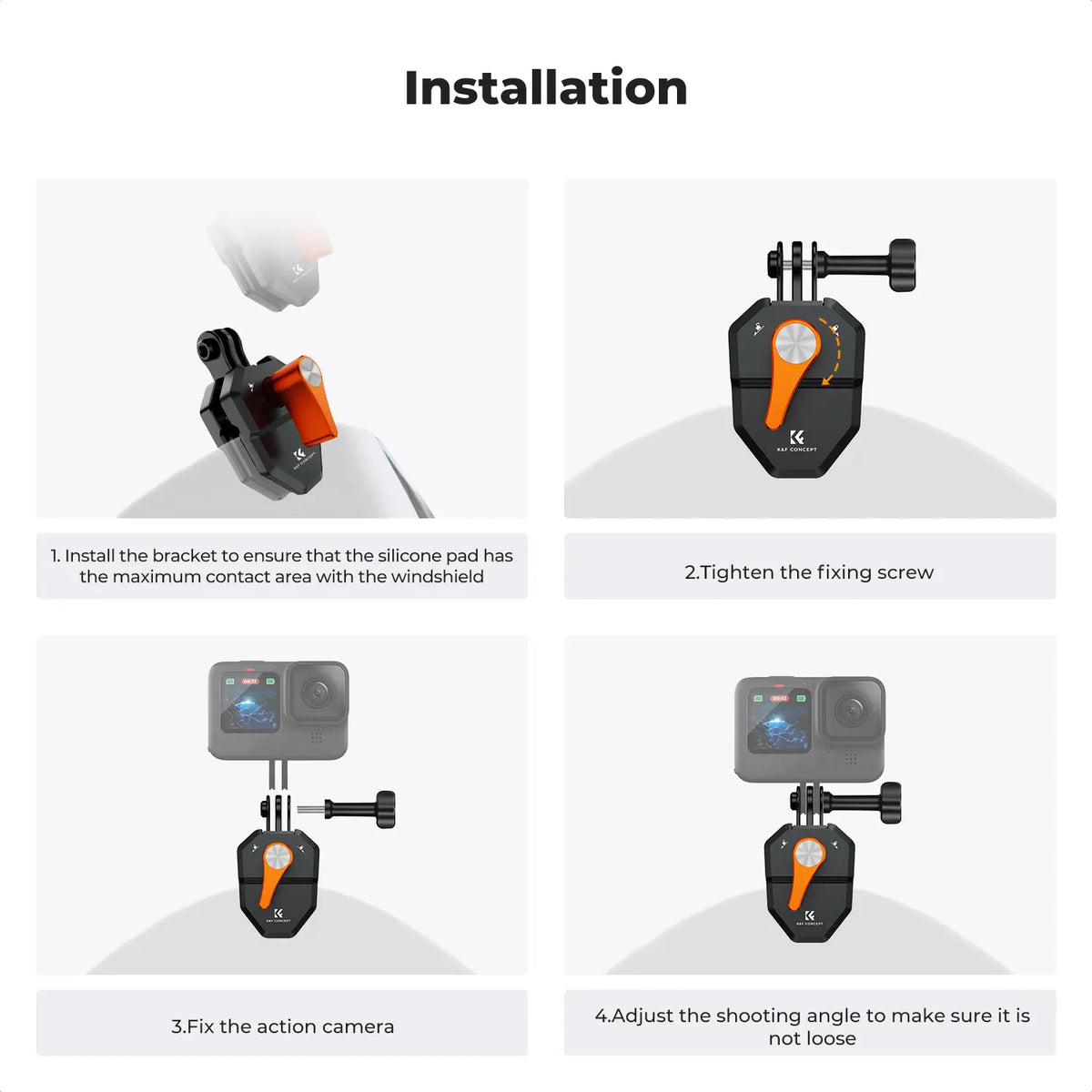 K&F Concept Motorcycle Windshield Clip Mount for GoPro Hero Series and DJI Osmo Action, Aluminum Alloy Camera Clamp with 1/4" Adapter, Action Camera Accessories